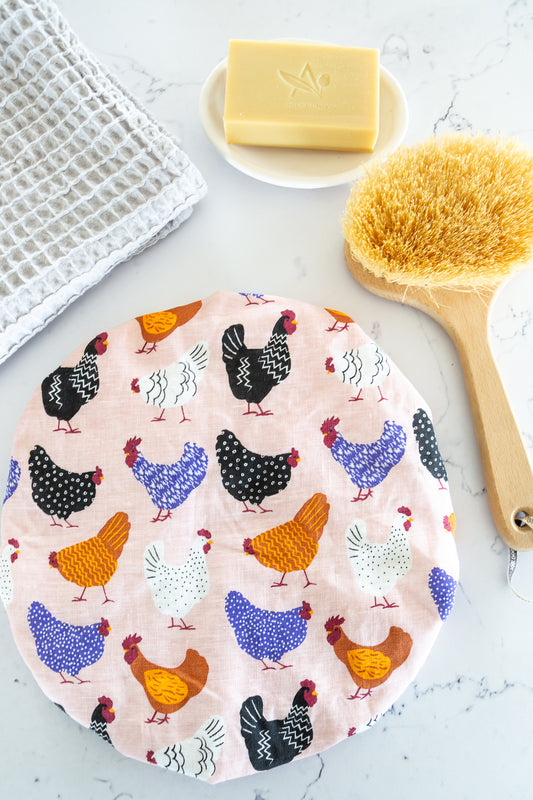 Linen Shower Cap - Bright Hens