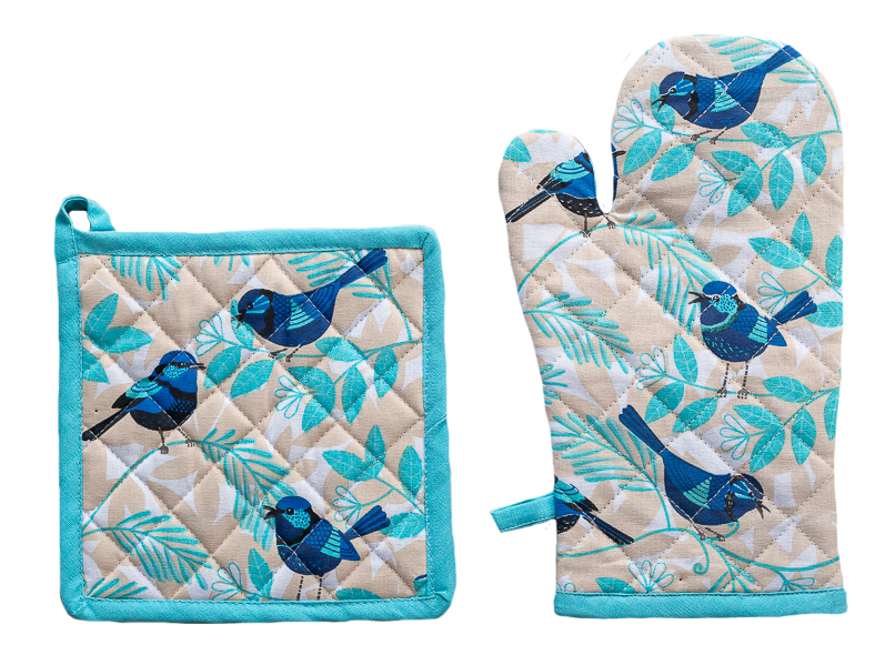 Blue Wren Oven Glove and Pot Holder set