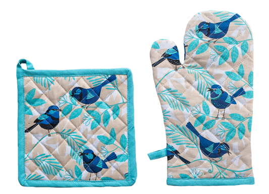 Blue Wren Oven Glove and Pot Holder set